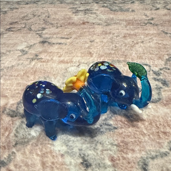 Other - Blue Glass Elephant Figurines with Floral Accents